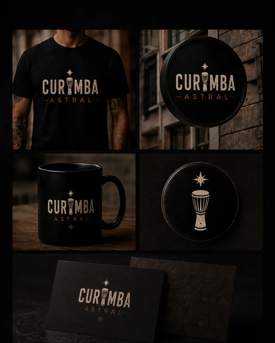Identidade visual Curimba Astral aplicada em camiseta, placa, caneca e papelaria, com símbolo de tambor.