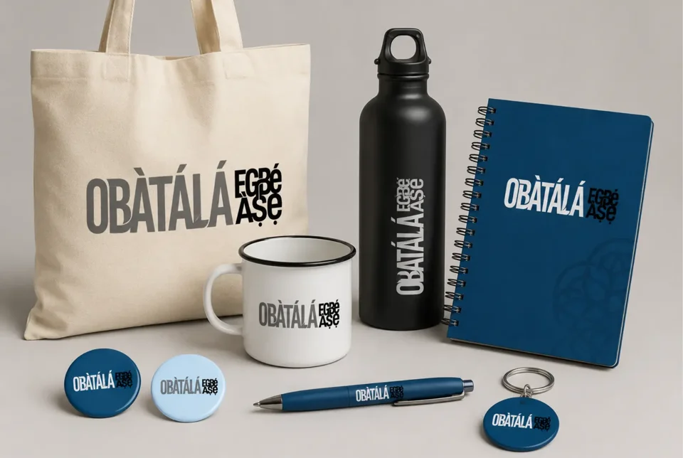 Identidade visual Obatalá Egbé Ase aplicada em ecobag, garrafa, caderno, caneca, bottons, caneta e chaveiro.